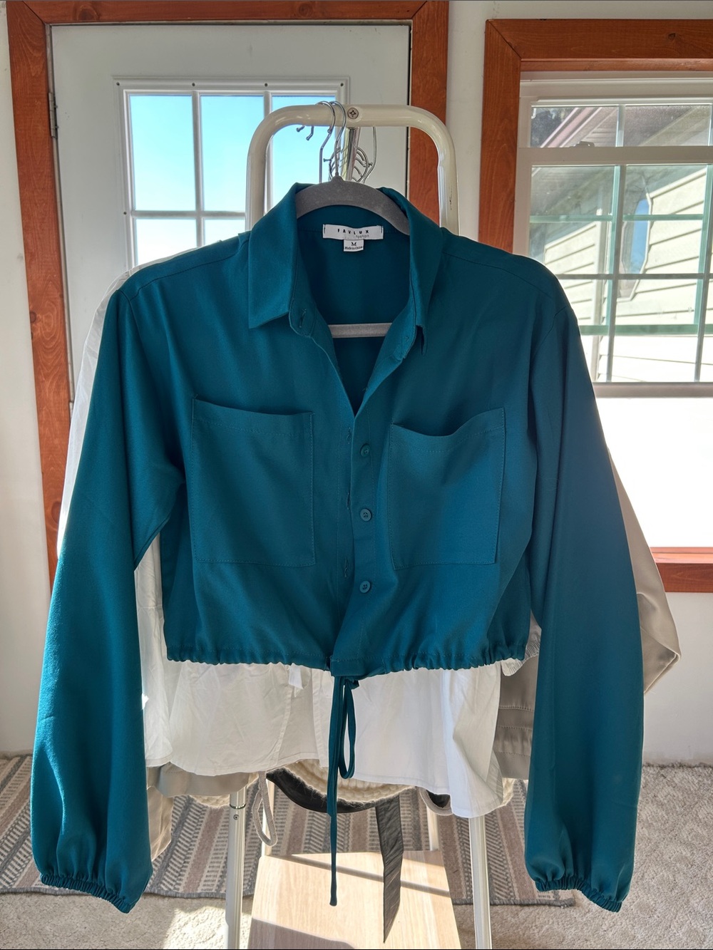 FAVLUX Teal Button-Front Drawstring Crop Shirt